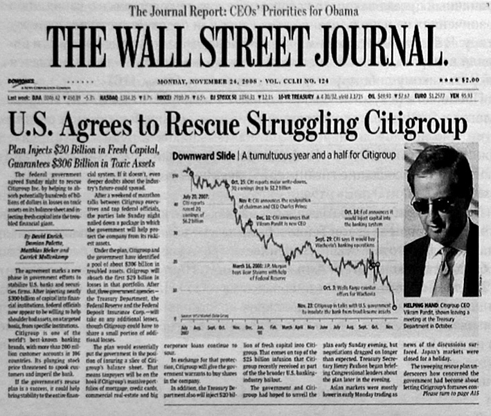 Рис. 20. В октябре 2008 года правительство США приступило к спасению «Ситигруп», крупнейшего в мире банка с наиболее агрессивного кредитора субстандарной ипотеки