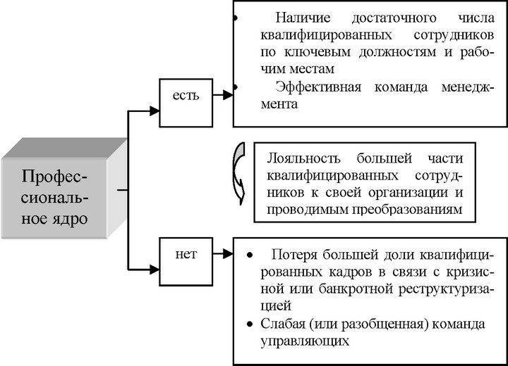 Рис. 31. Характеристики наличия или отсутствия «профессионального ядра» изменяющейся организации