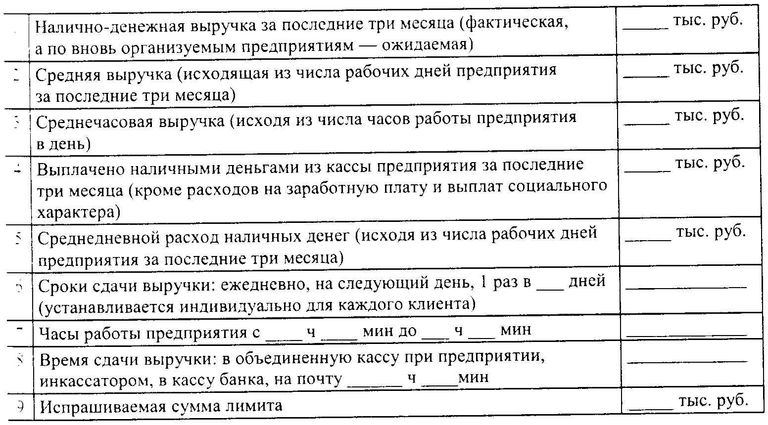 Для установки лимита остатка наличных денег в кассе предприятие представляет в банк по стандартной форме специальный расчет лимита остатка кассы (табл.5.1).