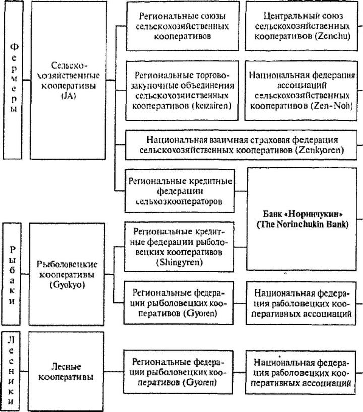 Рис. 10.1. Структура сельскохозяйственной, лесной и рыболовецкой кооперативной системы Японии